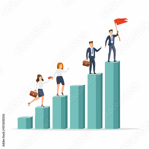 Business people are climbing on the chart, showing team leadership, career growth and success to reach financial aims in professional life.