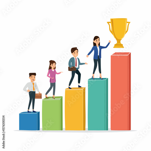 People climbing on a bar graph towards success, business growth and team achievement to earn a golden trophy