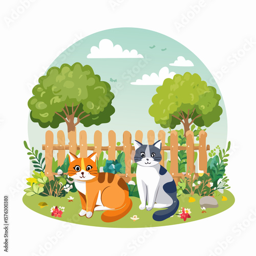 Adorable cats in a garden scene with trees and a picket fence create a charming graphic, perfect for cheerful pet-themed designs.