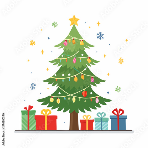 Festive Christmas tree decorated with lights and star, surrounded by wrapped gift boxes and scattered snowflakes for holiday designs.