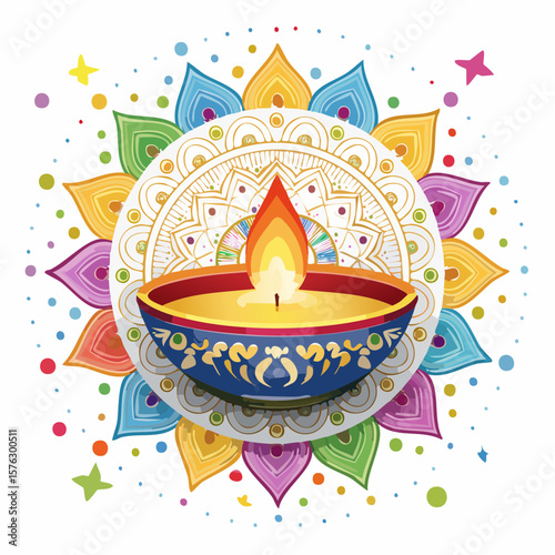 Festive diya with a colorful mandala design, perfect for Diwali celebrations and cultural event promotions creating a warm atmosphere.