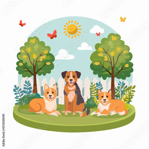 Charming dogs sit sweetly in a lush garden with sunshine, perfect for pet-related designs and whimsical projects requiring a friendly, scalable animal element.