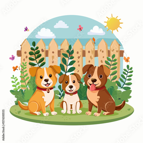 Delightful design of three friendly dogs sitting in a vibrant, lush backyard, perfect for children's books or playful branding projects.