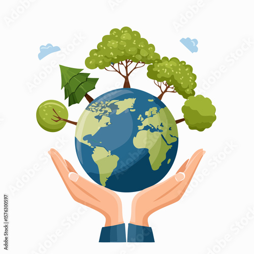 Gentle hands protect a green Earth with flourishing trees, signifying a strong commitment to ecology and ecological preservation.