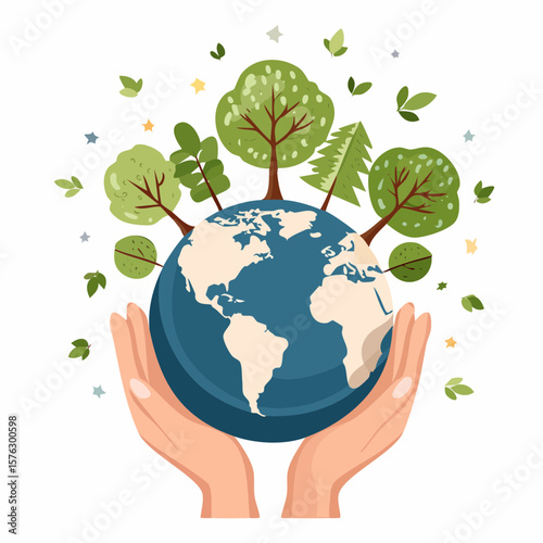 A beautiful depiction of earth held gently in hands with trees growing above, ideal for ecological and environmental projects.