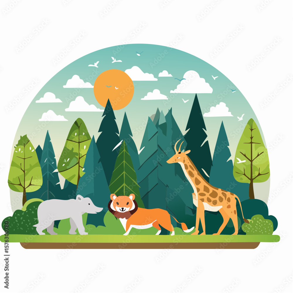Fototapeta premium Natural habitat scene with a bear, lion, and giraffe set against a scenic backdrop of trees, sun and birds, perfect for a logo.