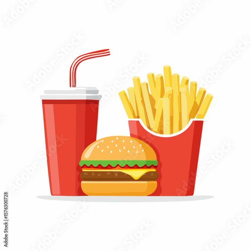 Delicious fast food combo featuring a hamburger, french fries, and a refreshing soda drink, perfect for restaurant menus.
