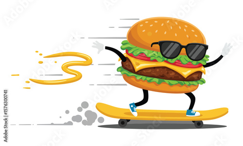 A cartoon burger mascot character with a knife stands beside a delicious cheeseburger with all the fixings, including lettuce, tomato, and cheese, ready for a fast food meal