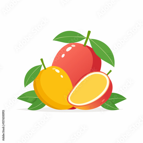 Fresh mango graphic with leaves, perfect for creating eye-catching designs for a tropical theme or healthy food concept.