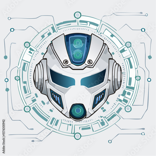 Futuristic robot helmet design, perfect for gaming, tech branding, and sci-fi concepts with detailed circuitry and a sleek, modern aesthetic.