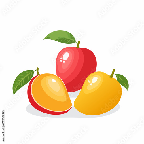 Vibrant mango assortment with leaves, a summery design suitable for posters, menu art, or food-related branding projects featuring tropical fruits.