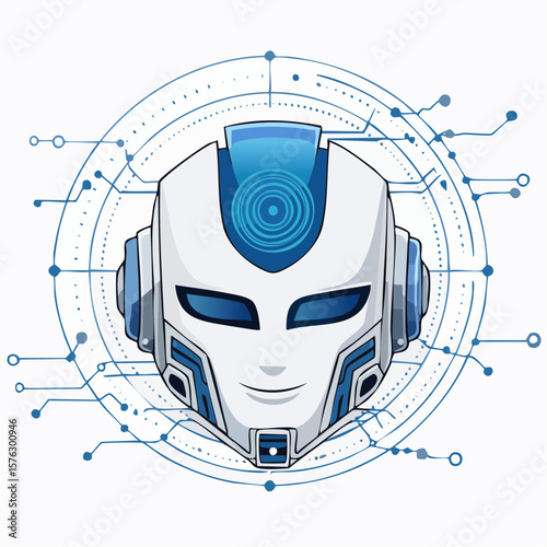Depicts an artificial intelligence robot head with technology circuit details, ideal for innovative projects and futuristic designs.