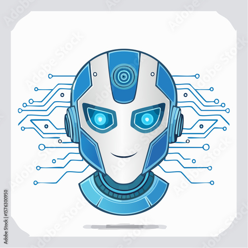Cheerful robot head graphic with circuit patterns, ideal for technology branding or modern tech company logos.