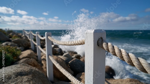 Coastal rope fence and crashing waves on a sunny beach day