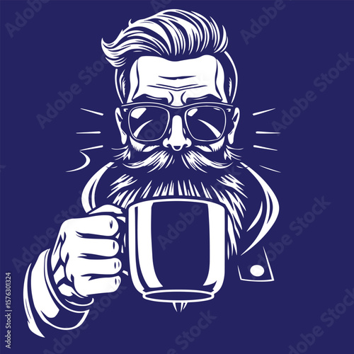 Hipster with beard and coffee mug vector design concept illustration.