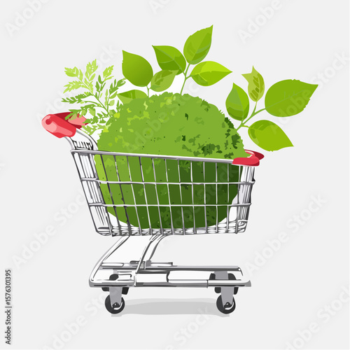 shopping cart filled with a moss-covered ball and budding plants symbolizes eco-friendly choices