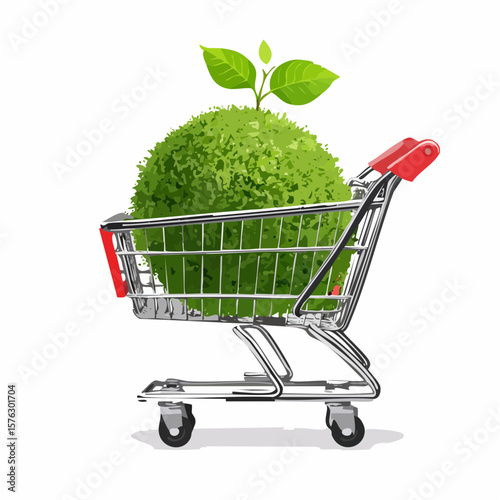 shopping cart filled with a moss-covered ball and budding plants symbolizes eco-friendly choices