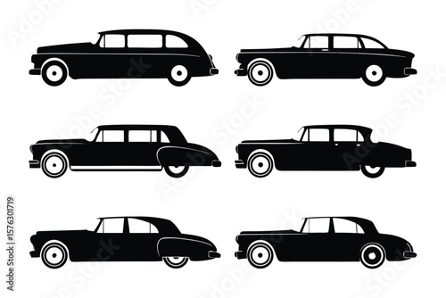 Classic Sedan Silhouettes: A collection of sleek, black classic sedans is presented against a simple background, representing timeless elegance and automotive heritage. 