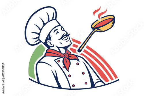 Culinary Delights: A joyful chef, complete with toque and mustache, savoring the aroma of a delectable dish ladled from a golden spoon.