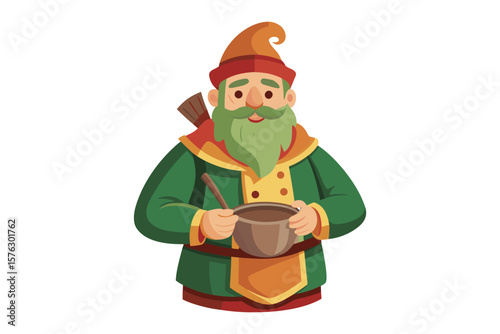 The Village Artisan: A whimsical depiction of a jovial craftsman, adorned in rustic attire, stirring a pot of what promises to be a hearty stew in his mountain workshop.