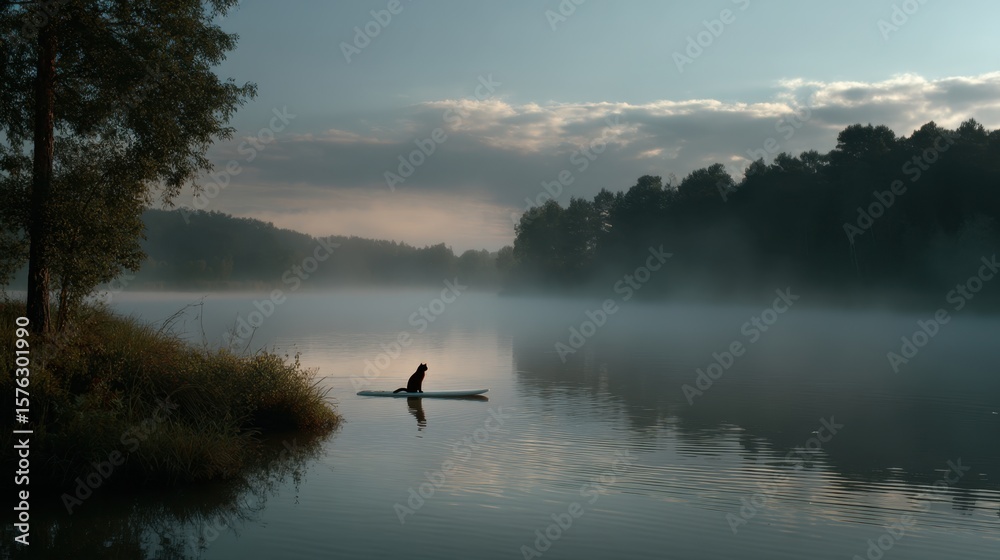 Tranquil lake scene at dawn with silhouetted kayaker amid misty trees and still waters Tranquil lake scene at dawn with silhouetted kayaker amid misty trees and still waters