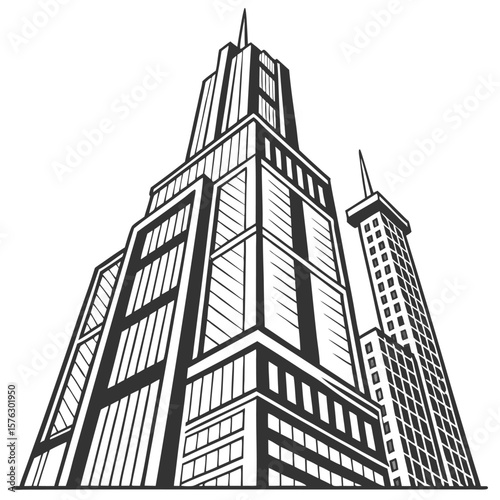 Low-Angle Perspective of City Skyscrapers Black and White Graphic