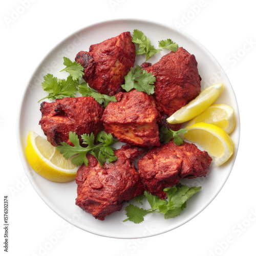 Delicious Plate of Spicy Chicken Pieces Garnished with Fresh Herbs and Lemon Slices