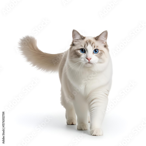 Beautiful ragdoll cat with striking blue eyes walking forward on white background