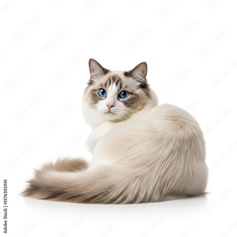Obraz premium Beautiful ragdoll cat with striking blue eyes posing on a white background