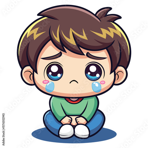 Cartoon boy with brown hair, big eyes, and tears, sitting sadly