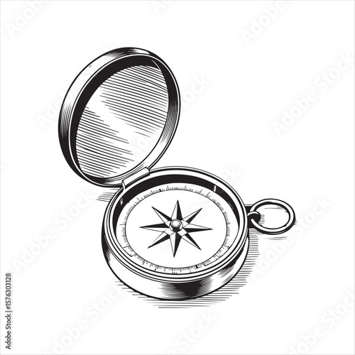 Antique metal compass, an essential navigation instrument, isolated on a white background, pointing north for travel and exploration