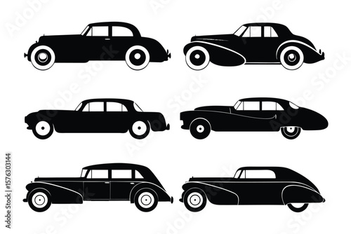 Classic Vintage Cars: Set of elegant black silhouettes of timeless vehicles, celebrating the grandeur and sophistication of vintage automobiles, evoking nostalgia for a bygone era.