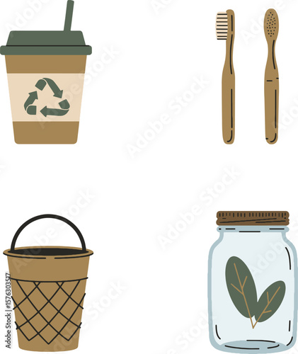 Illustration of eco-friendly items: a reusable cup, bamboo toothbrushes, a waste basket, and a glass jar with leaves.