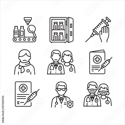 Medical Vaccination and Doctor Icon Set – Healthcare Line Illustrations