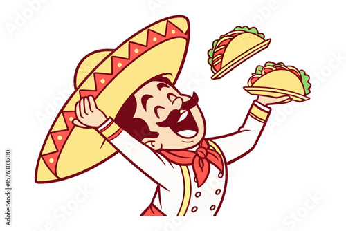 Fiesta Feast: A jovial figure, adorned in a vibrant sombrero, enthusiastically presents a delightful display of freshly made tacos, embodying the vibrant spirit of culinary celebration.