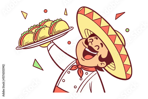 Mexican Chef Delights with Tacos: A jovial chef, adorned in traditional attire, beams with pride as he presents a platter of tantalizing tacos, inviting all to savor the authentic flavors of Mexico.