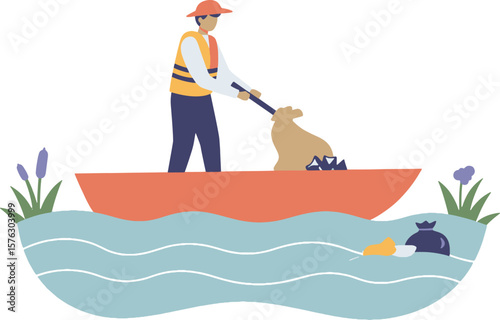 A volunteer cleans river pollution with a dog, using a small boat.