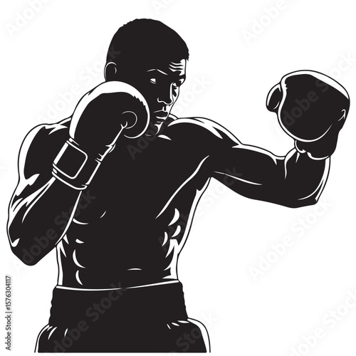 Strong black silhouette of a male boxer punching in a fighting stance vector illustration