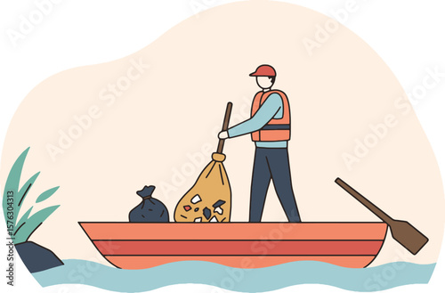 Man in a boat cleaning up trash from the water with a net, wearing a life vest and a hat.