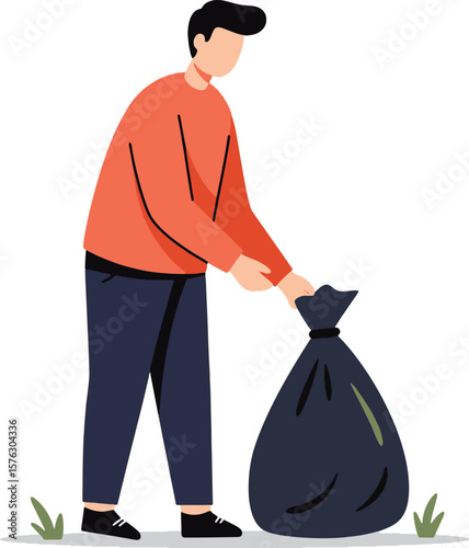 Man picking up trash in a black bag, cleaning up the environment, vector illustration.