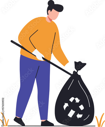 A person in an orange shirt and purple pants picks up trash in a black recycling bag.