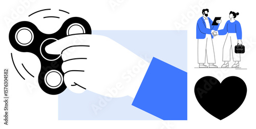 Hand spinning a fidget spinner, two figures shaking hands with a briefcase, and a heart. Ideal for collaboration, workflow, agreement, productivity, relaxation connection simplicity. A simple flat