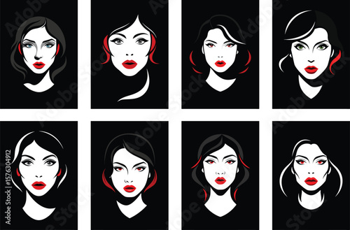 Eight stylized female faces with black hair red lips and varied eye colors woman