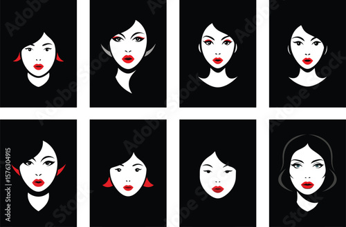 Eight stylized female faces with black hair red lips and white skin woman portrait