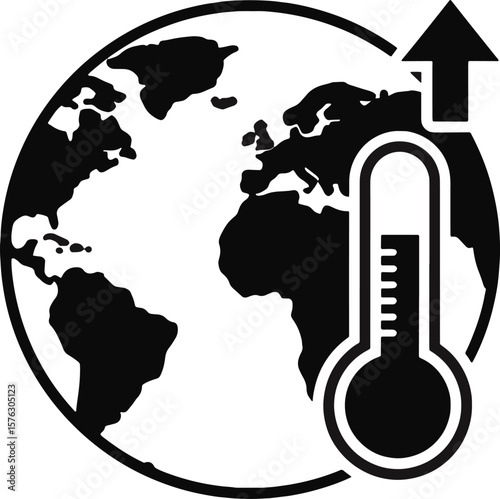 A black and white illustration depicting global warming with a thermometer and an arrow.