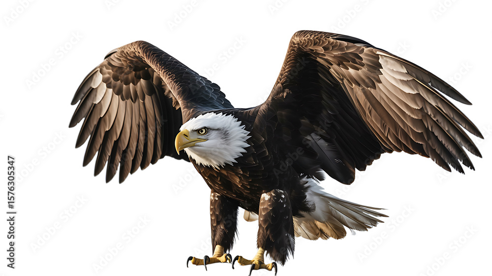 Obraz premium Majestic bald eagle soars with open wings, showcasing freedom, power, and the beauty of American wildlife against a black background.