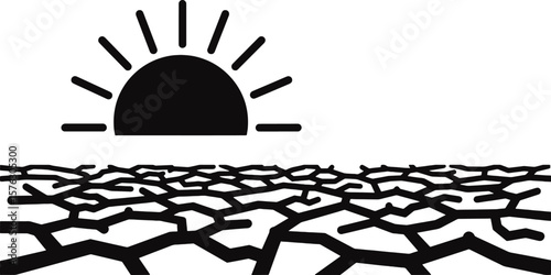 A stylized sun shines over a cracked, dry landscape, depicting drought.
