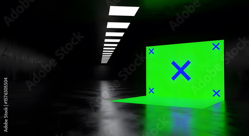 A green screen set up in a dark corridor with overhead lighting.