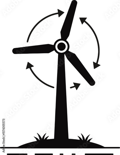 A black and white illustration of a wind turbine generating power.