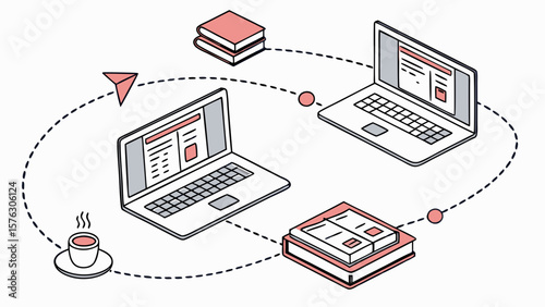 Isometric network of laptops connecting with books and coffee for online learning and education study 100